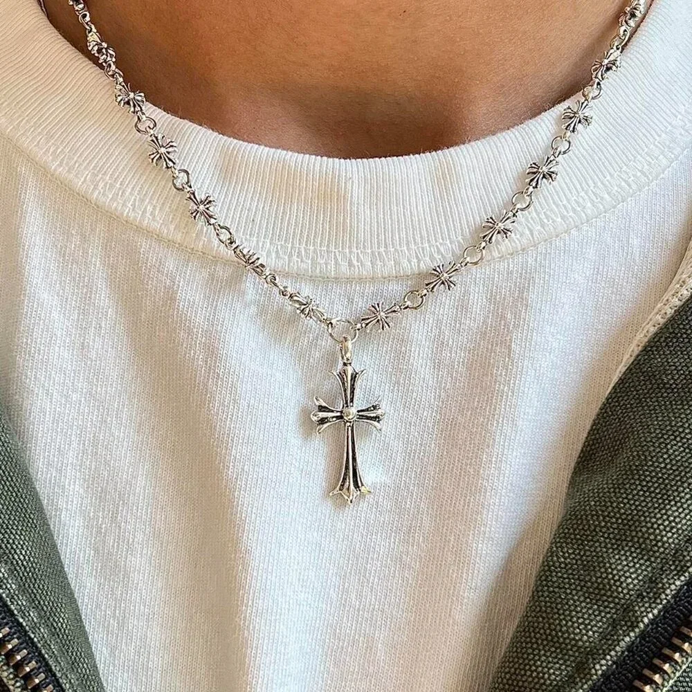 y2k grunge silver cross pendant necklace